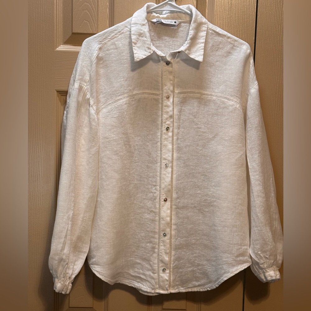 ZARA Linen Lace Insert White Button Down Shirt Womens Medium Summer Beach